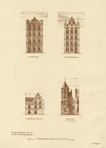202653 Opstand van de gereconstrueerde voorgevel van het huis Putruwiel (Oudegracht 134) (linksboven), het huis ...